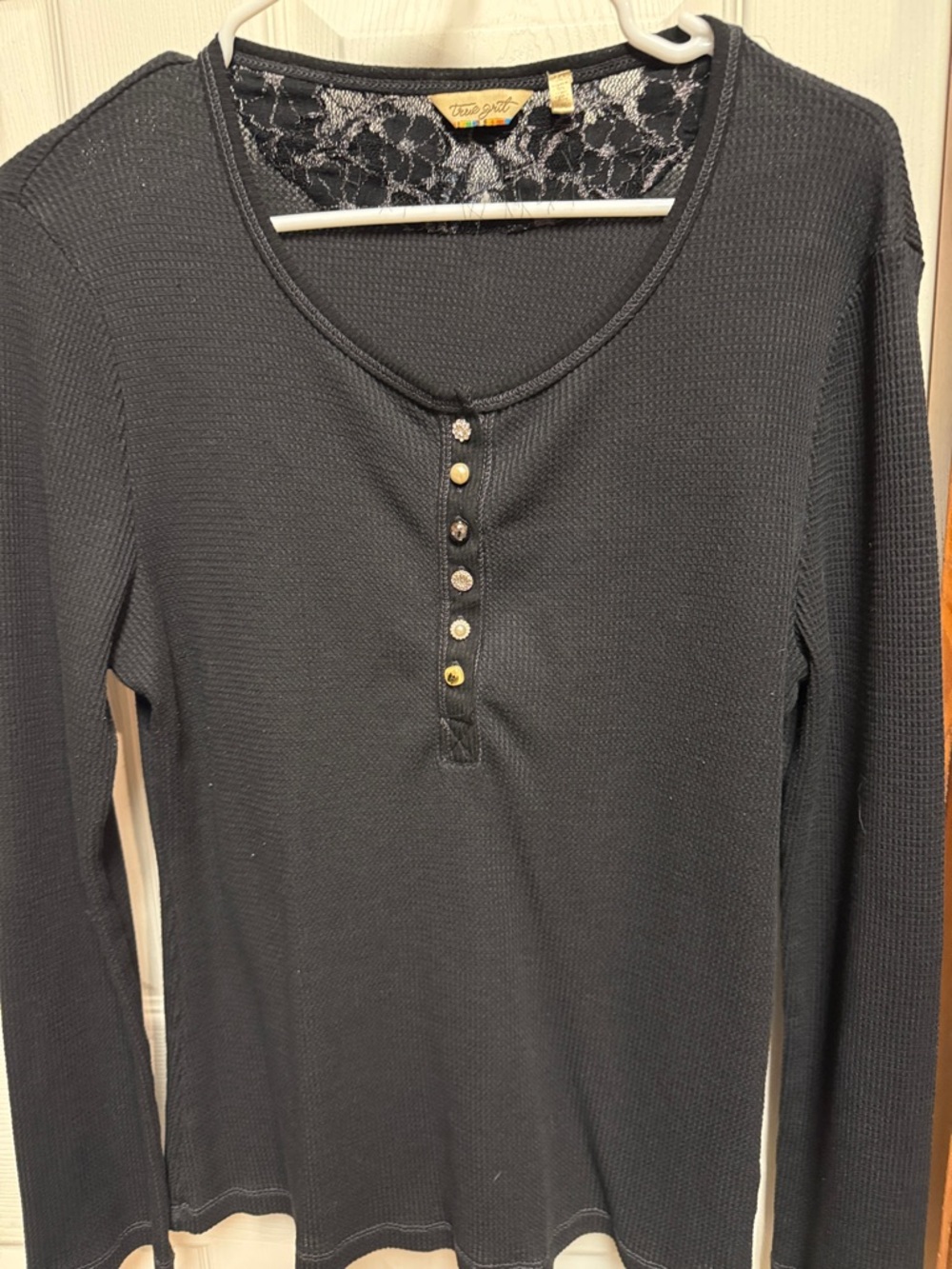 True Grit Black Long-Sleeve Henley with Lace Back Detail